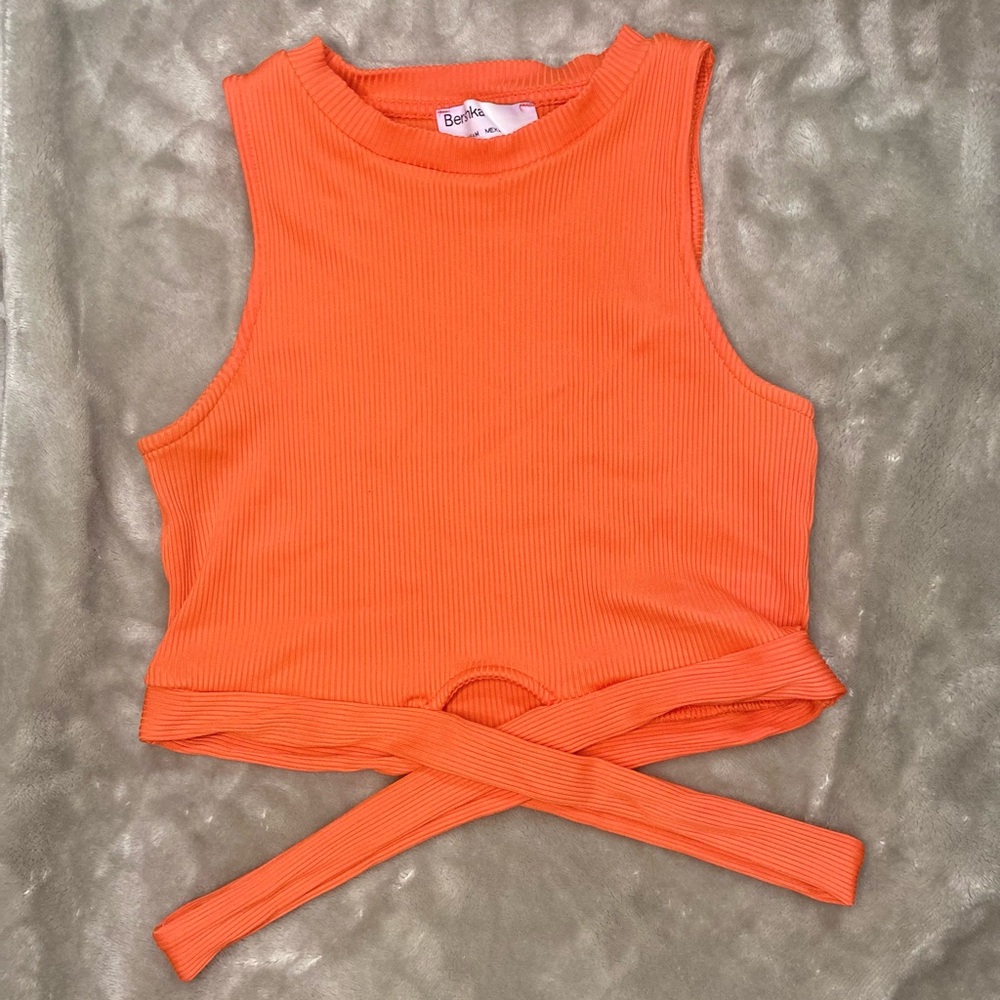 Bershka Orange Ribbed Crop Top with Wrap Detail - Size M